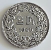 2 Franken 1940 Silber Sammlermünze guter Zustand