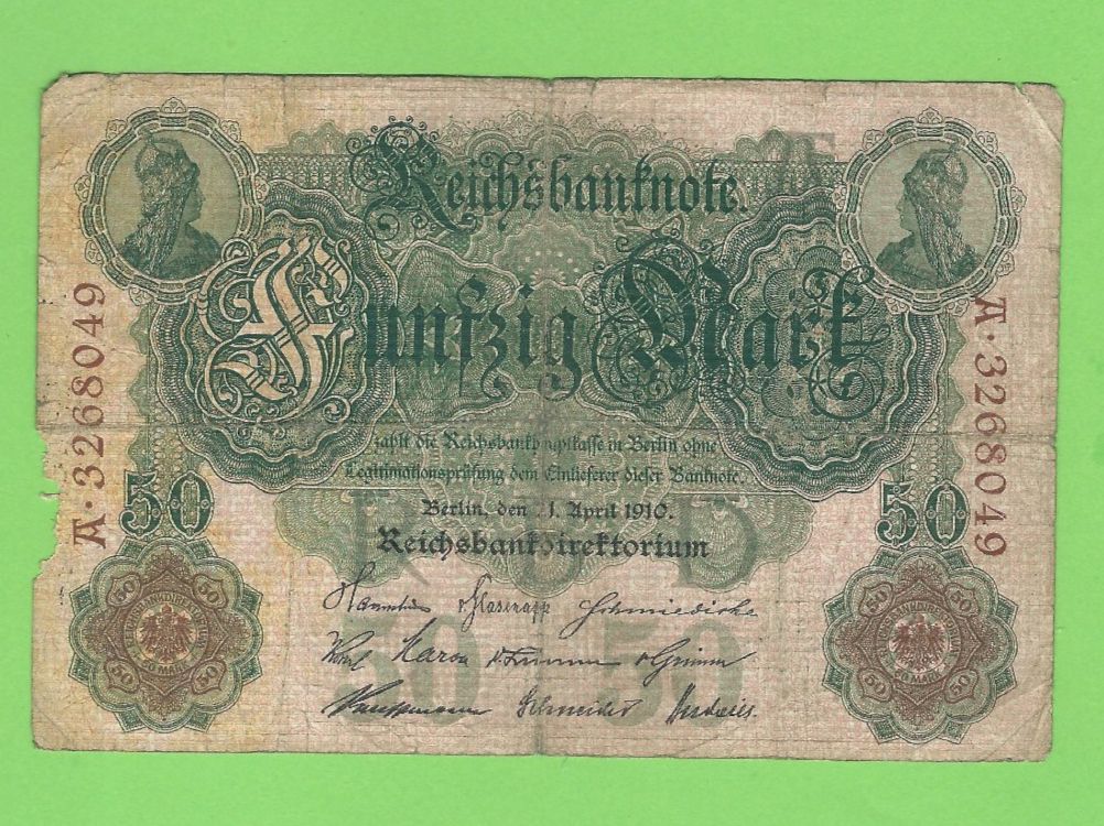 Banknoten: Seltene 50 Mark Reichbanknote von 1910 – Gebraucht aus Zürich von t24_de