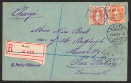 1893 Stehende Helvetia 66C, 68C auf Einschreiben n. England