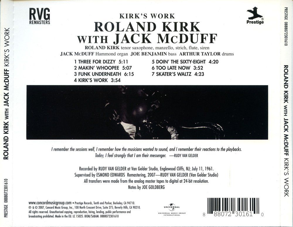 CD: Jazz-CD:  Roland Kirk "Kirk's Work" (Prestige) – Usato da Hochfelden venduto da mue_lhm9 2