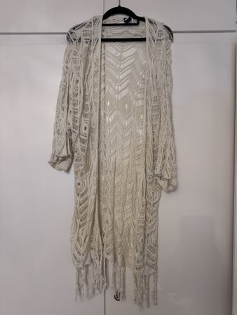 Strick Kimono lang beige mit Fransen