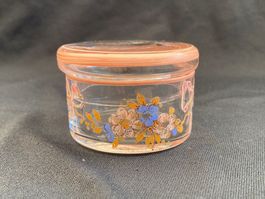 Petite boite ronde ancienne en verre au motif fleuri