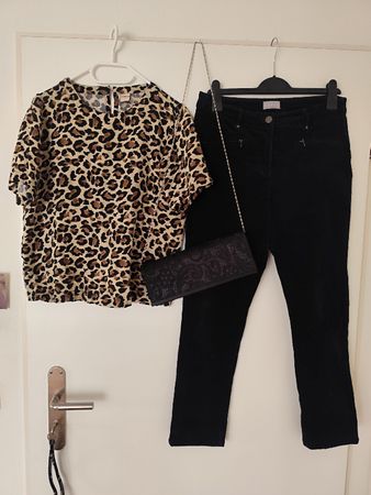 Damen Set Bluse Leo Muster Hose schwarz Tasche 3-teilig