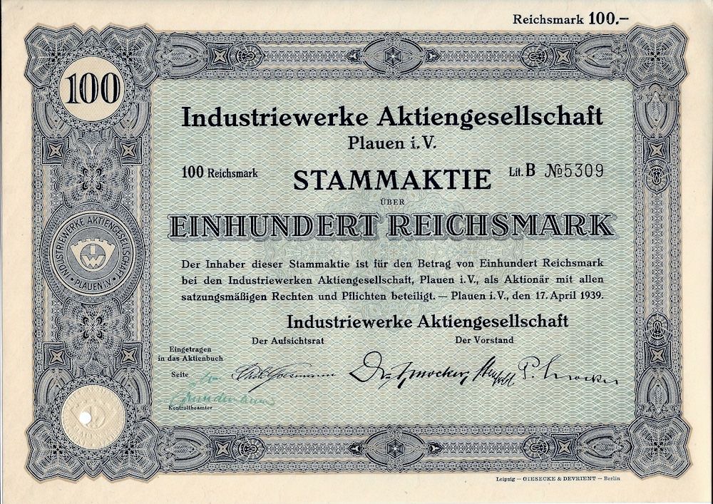 Dokumente: Industriewerke AG, Plauen - 1939 – Gebraucht aus Solothurn von Sgasche