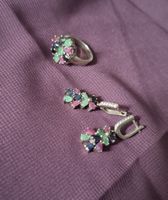 Schmuckset: Ring & Ohrringe mit bunten Edelsteinen, Silber!
