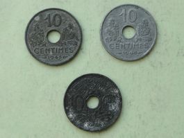 3x  10 Centimes France 1943 - 1944 - 1945	petit module