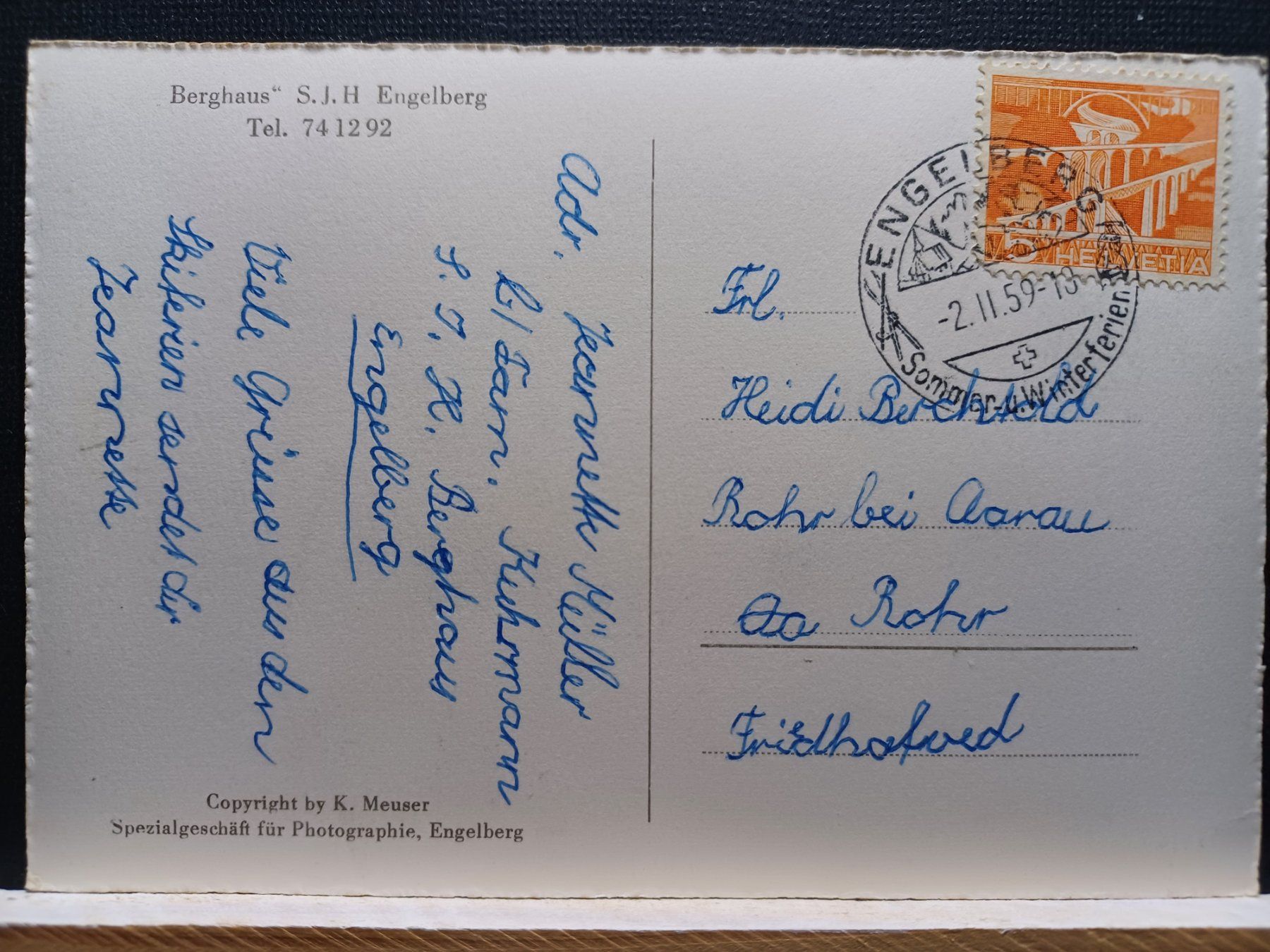 Cartoline postali: Berghaus S.J.H Engelberg, 2.II.59 – Usato da Aarau Rohr venduto da mgvw 1