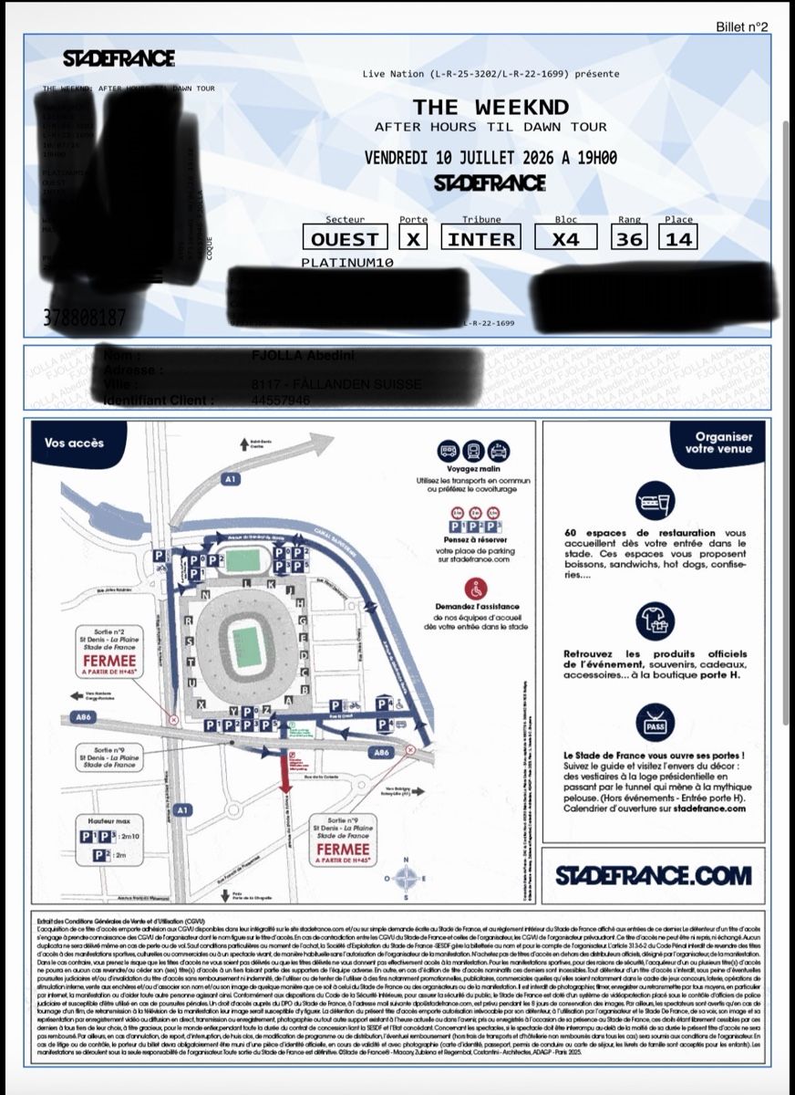 Billets: The Weeknd Konzert Paris 10.Juli – Neuf avec emballage d'origine à Dietikon par urt_7mcb 1