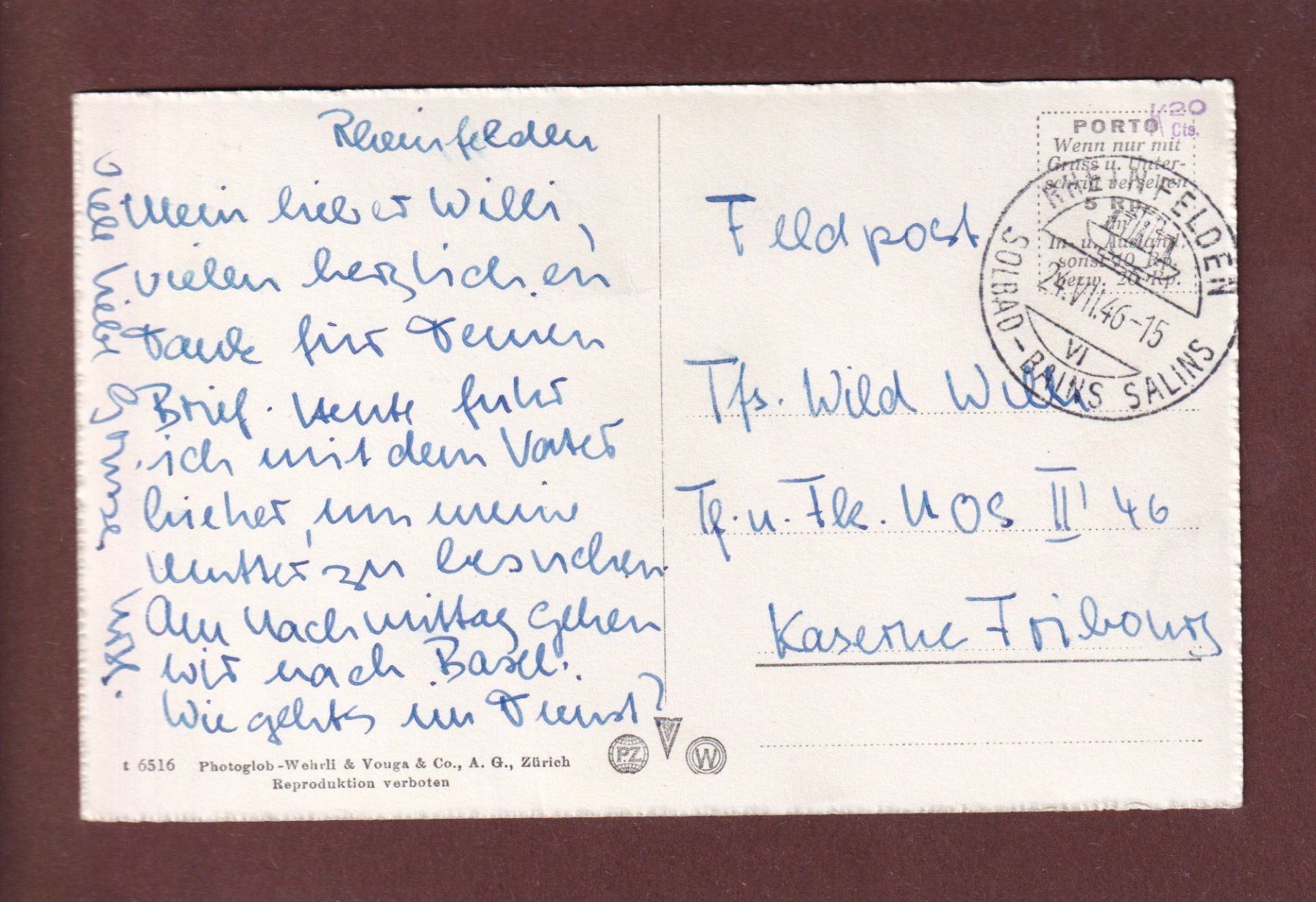 Cartoline postali: RHEINFELDEN - Storchennestturm - 1946 Feldpost – Usato da Pully venduto da nicecards 1