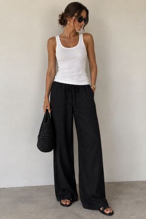 Damen Leinenhose gerader Schnitt schwarz mit Kordelzug Gr.L
