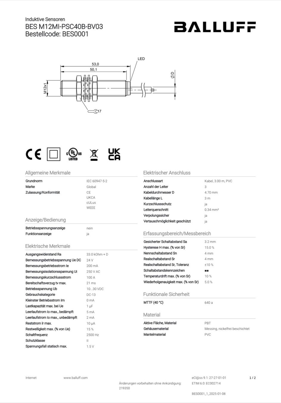 Elektronikbauteile: Balluff Induktiver Sensor BES0001 M12x1 PNP – Neu und originalverpackt aus Steffisburg von FlorianJohner 2