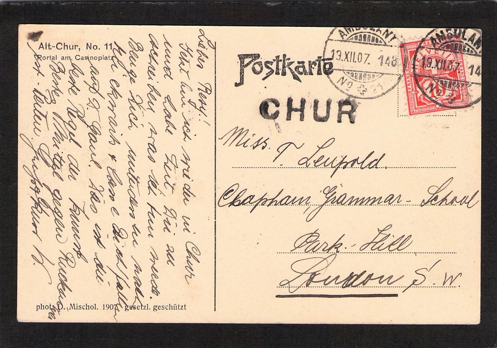 Stabstempel CHUR in Versalien auf Postkarte Chur,13.Xll.1907 (Gebraucht ...