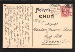 Stabstempel CHUR in Versalien auf Postkarte Chur,13.Xll.1907
