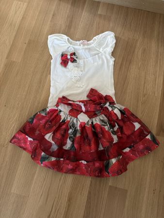 Girls set white top with red floral skirt - 104/110