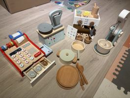 Wooden Toy Kitchen Set Cash Register Scale Mixer Food