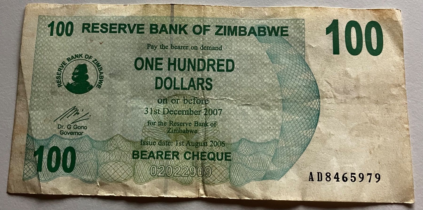 Banknoten: Zimbabwe 100 Dollars 2007 – Gebraucht aus Algetshausen von Carrhard