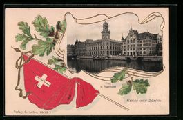Präge-AK Zürich, Post u. Stadthaus mit