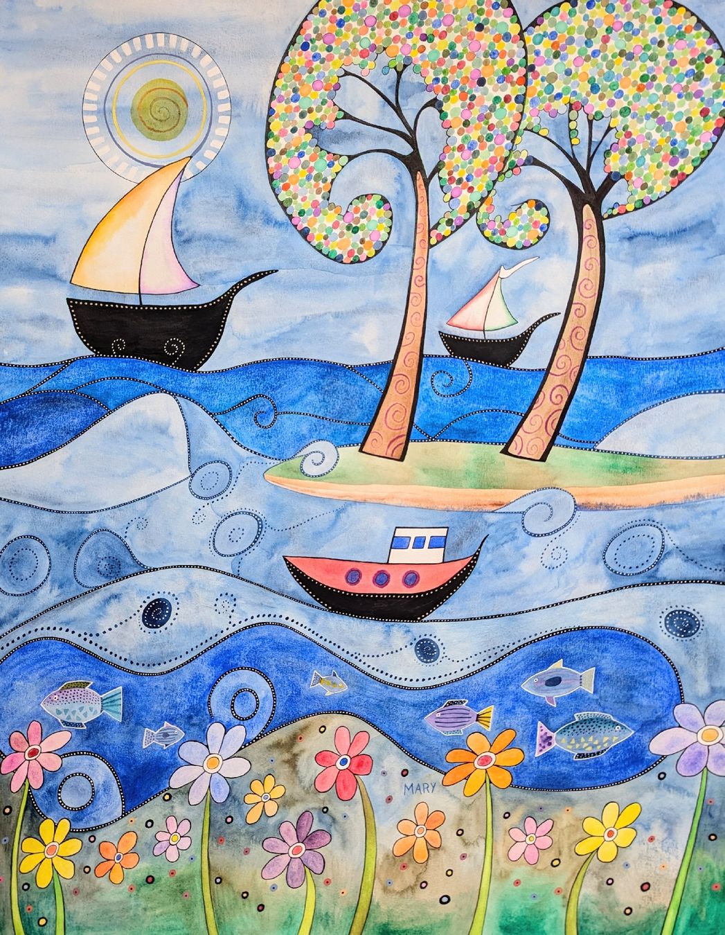 Dipinti: Original Aquarell naive Kunst am Meer Bild – Nuovo e nell'imballaggio originale da Wittenbach venduto da Mary.M.Boesch