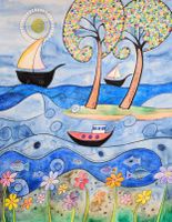 Original Aquarell naive Kunst am Meer Bild