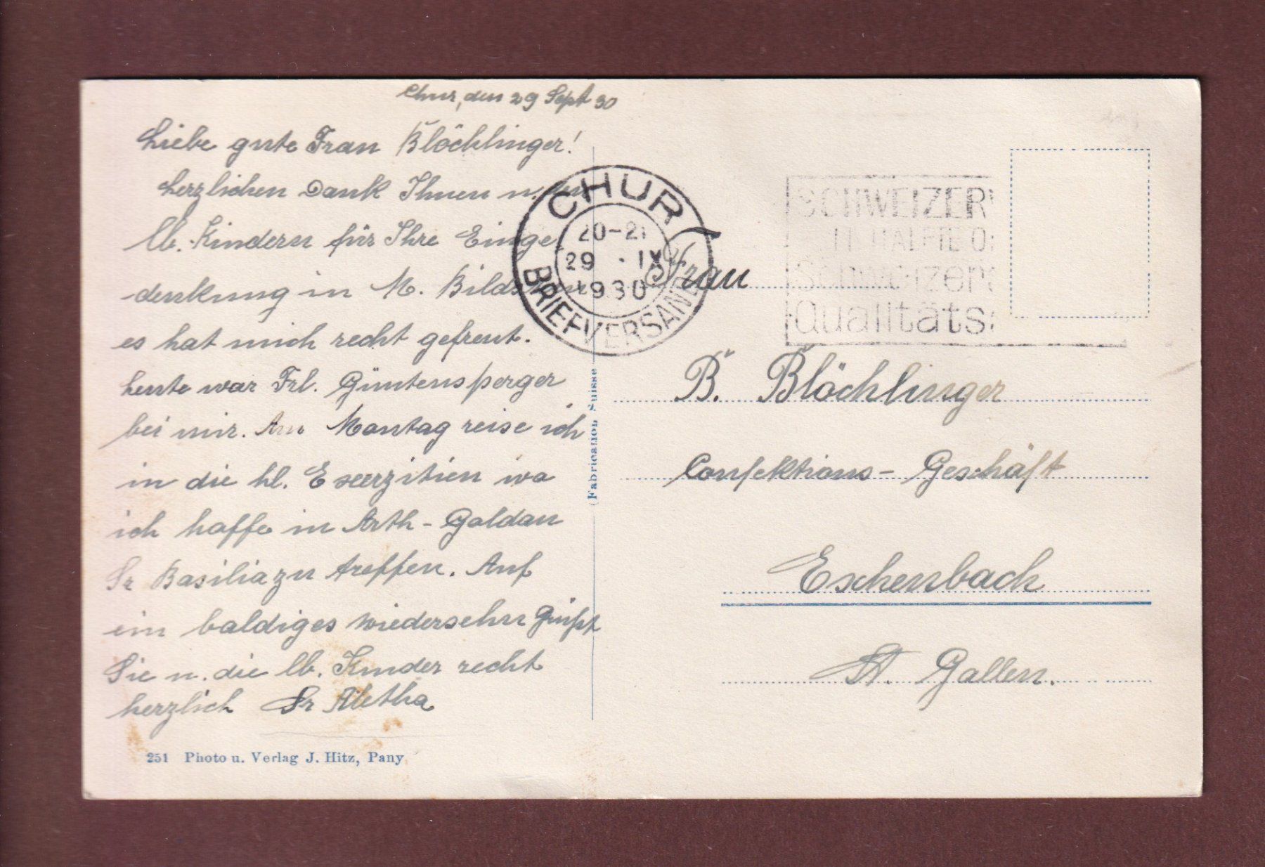 Cartoline postali: CHUR - Kreuzspital - 1930 – Usato da Pully venduto da nicecards-shop 1
