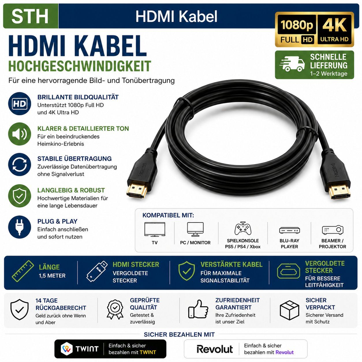 Cavi: KABEL HDMI 1.5 M GOLD PLATED SUPER SPEED – Nuovo e nell'imballaggio originale da Montreux venduto da CABLEKABEL