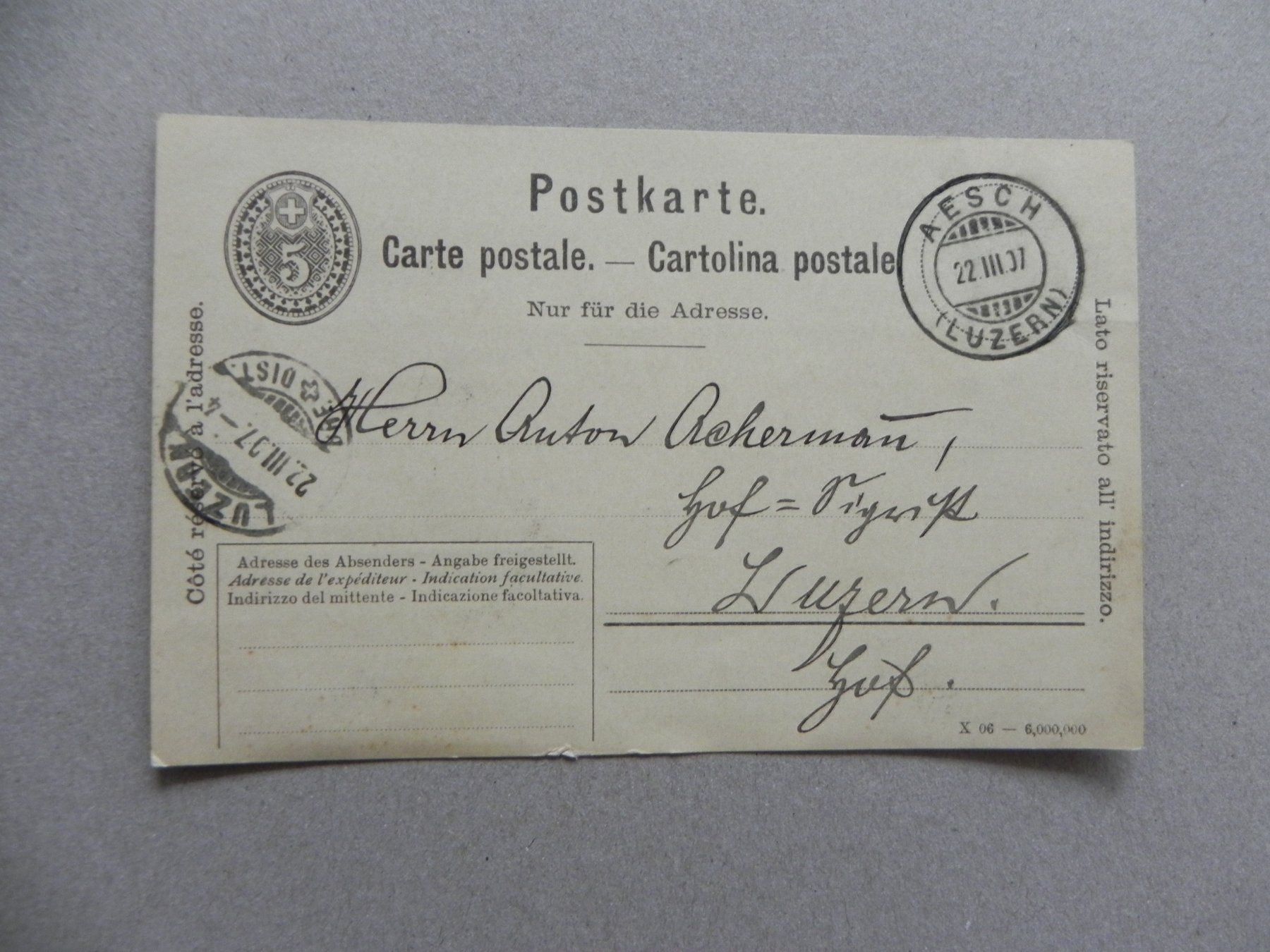 Cartoline postali: Aesch Luzern LU Post Stempel 1907 Karte – Usato da Siebnen venduto da krimsie