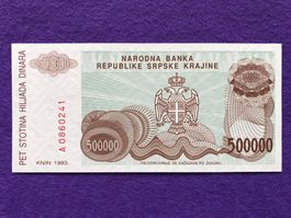 Knin 1993 - Republika Srpska Krajina - 500000 Dinara UNC