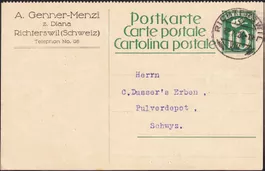 1926: 10 Rp. Ganzsachen-Postkarte, Richterswil nach Schwyz