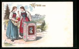 Litho Züricher Damen in Tracht mit Kaff