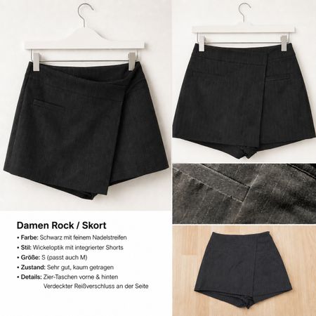 Damen Skort / Rock-Shorts schwarz mit Nadelstreifen – Gr. S 