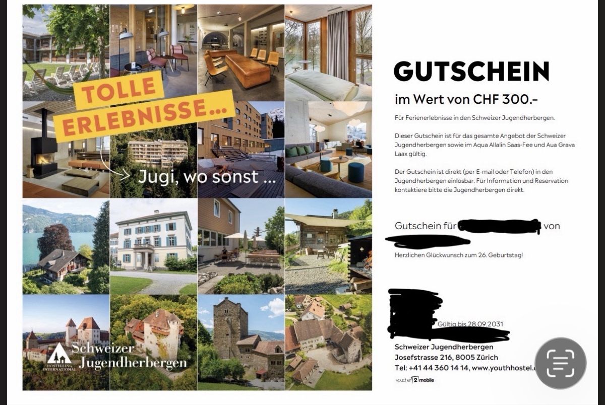 Buoni: Schweizer Jugendherbergen Gutschein 300.- – Nuovo e nell'imballaggio originale da Morgarten venduto da angelinalope