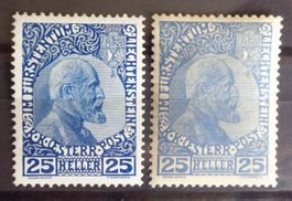 Fürst Johann II, 25 h blau 1911 und ultramarin 1916, **