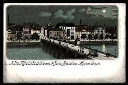 Mondschein-Lithographie Klein-Basel, Alte Rheinbrücke
