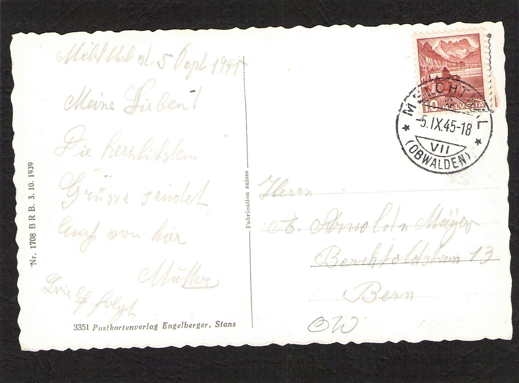 Cartoline postali: Melchthal OW , gel. 1945 – Usato da Reichenburg venduto da Pipo-67 1