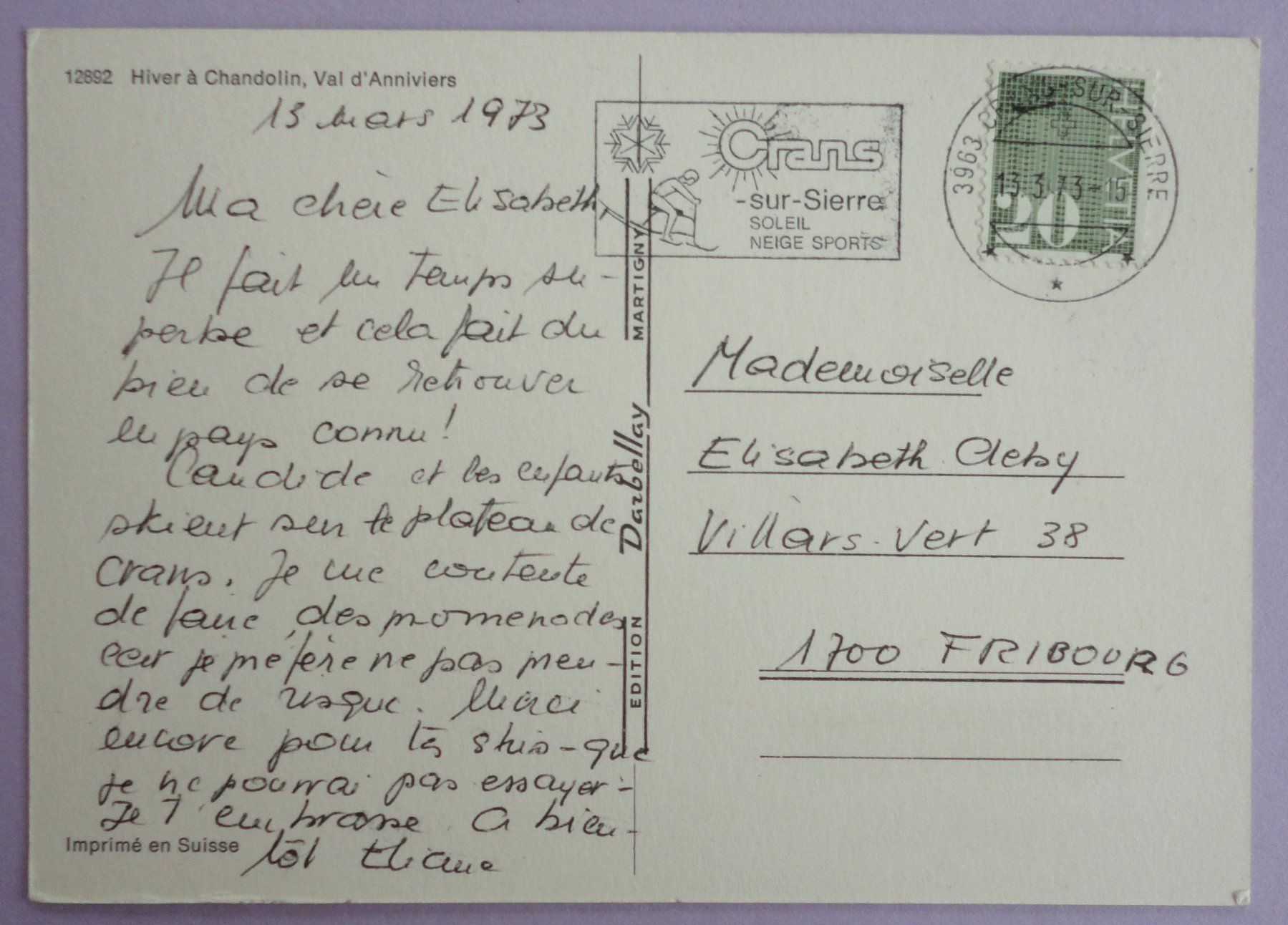 Cartoline postali: Hiver à Chandolin, Val d' Anniviers – Usato da Fétigny venduto da Billy2miny 1