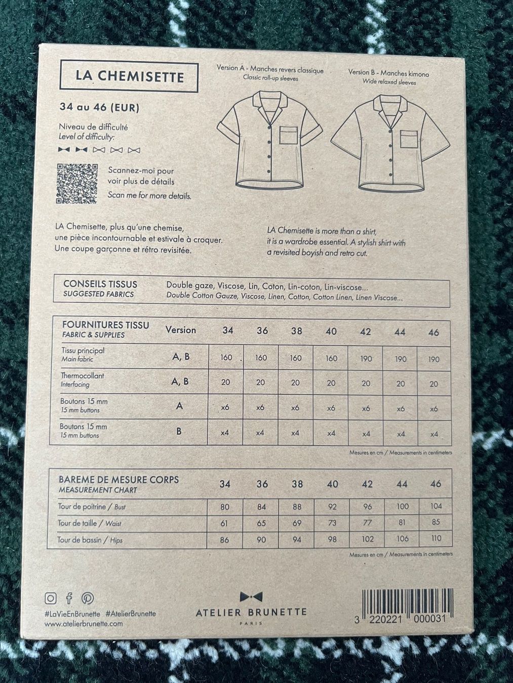 Schnittmuster: Schnittmuster Oversize-Bluse, Gr. 36, Atelier Brunette Paris – Gebraucht aus Zürich von Nora321 1