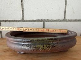 Japanische Bonsaischale oval signiert Effektglasur ca. 22 cm