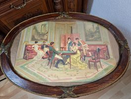 Antike Lithographie im Ovalrahmen Premieres Escarmouches