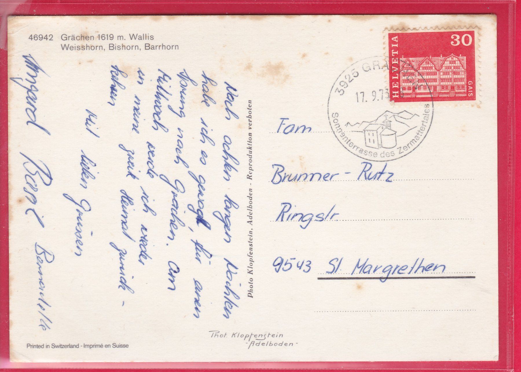 Cartoline postali: GRÄCHEN MIT LUFTSEILBAHN, 17.9.1973 – Usato da Oberrieden venduto da Gebirgsstelze 1