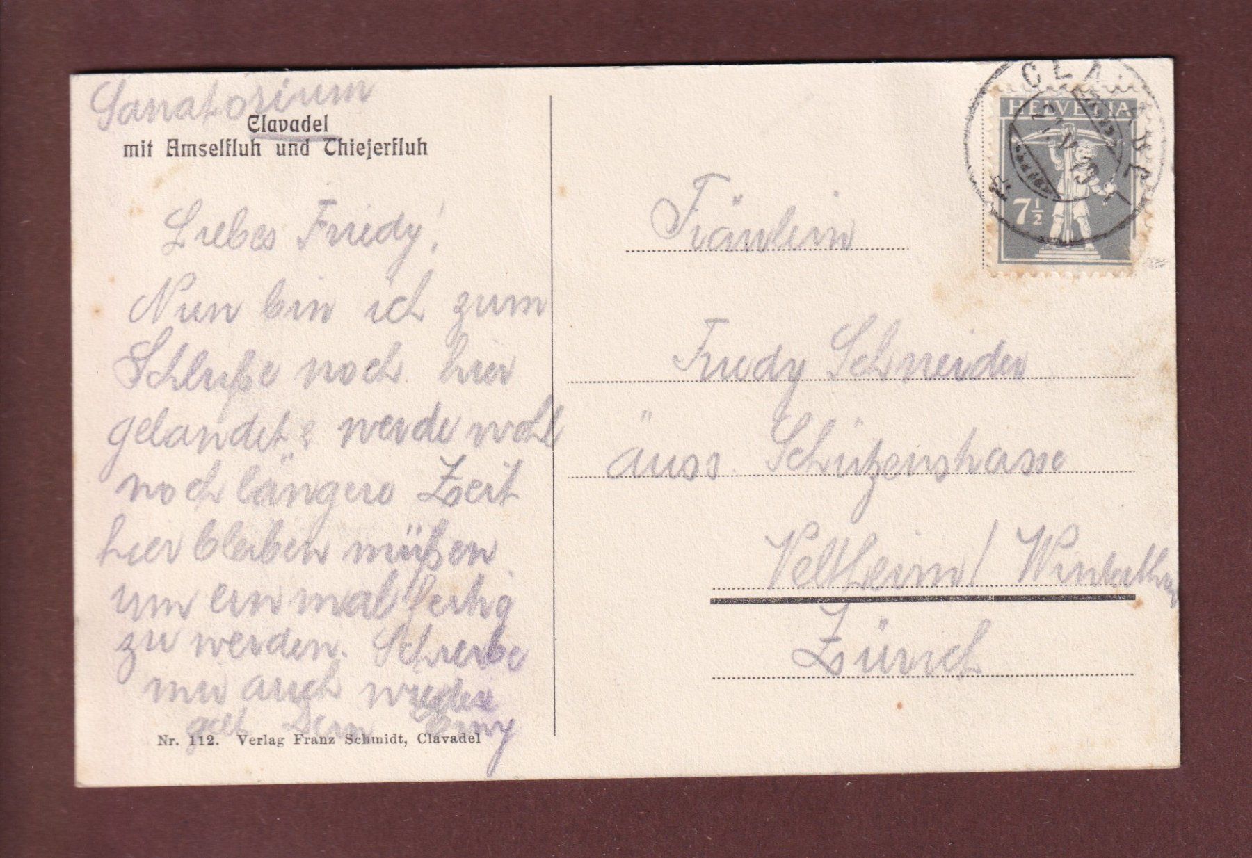 Ansichtskarten: DAVOS - CLAVADEL - 1919 – Gebraucht aus Pully von nicecards 1