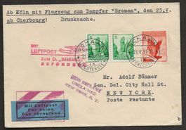Flugpost Schweiz 1936 Schaan Basel Köln Cherbourg NY 700.-