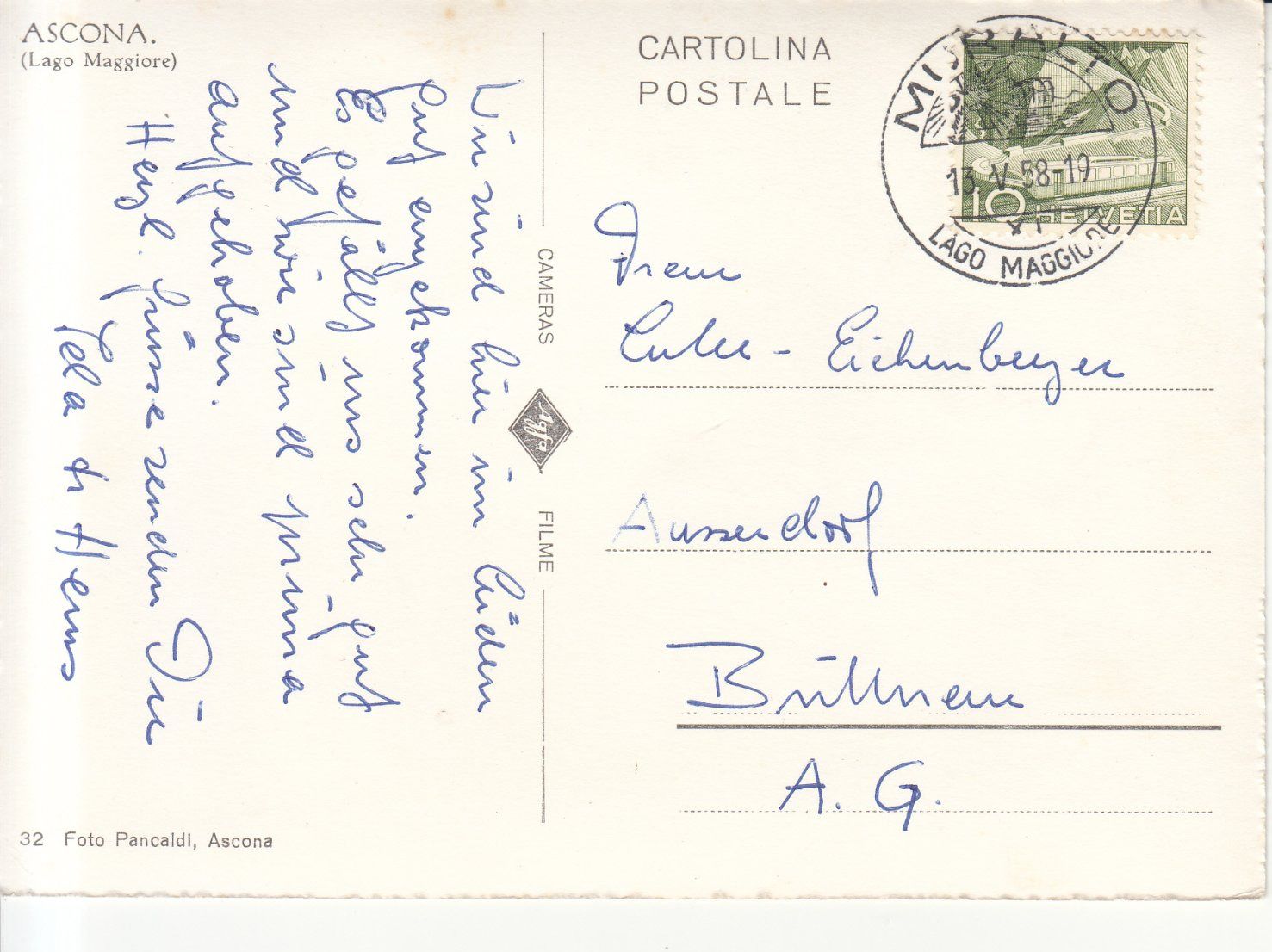 Cartoline postali: Ascona 1958 – Usato da Bürglen TG venduto da StampGraf 1