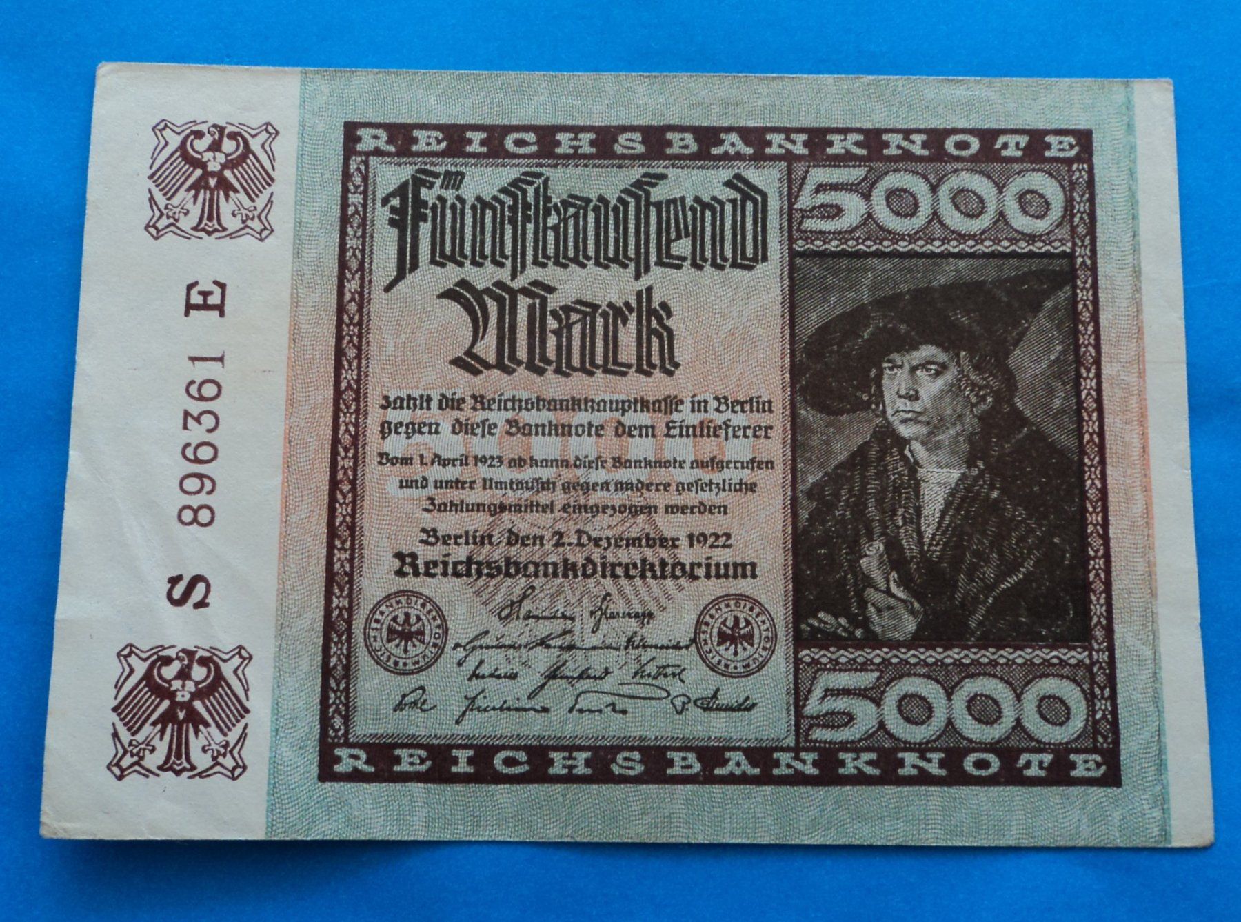 Banconote: Deutschland: 5000 Mark Dezember 1922, SS - VZ – Usato da Basel venduto da maripas17