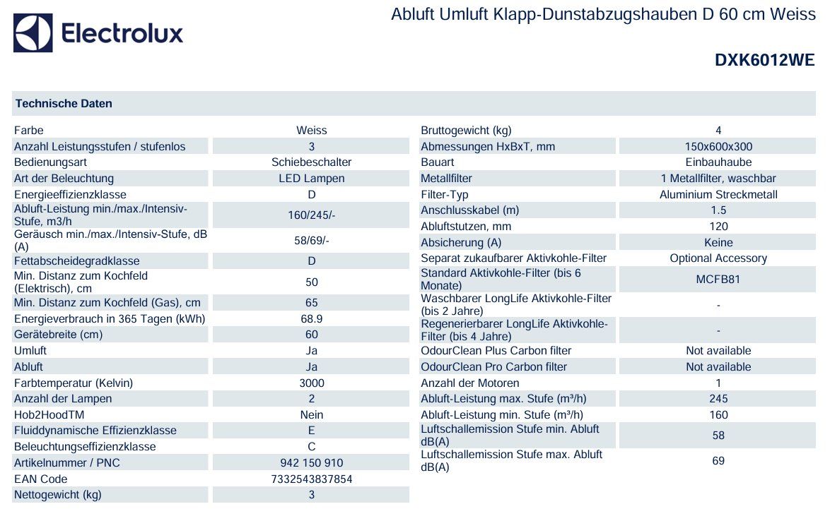Electrolux Cappe di aspirazione: 121 Electrolux Dunstabzugshauben DXK6012WE – Nuovo e nell'imballaggio originale da Derendingen venduto da Meisterstuecke 3