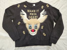 Pull H&M Noël "Make it Rein Deer" S noir doré cerf drôle