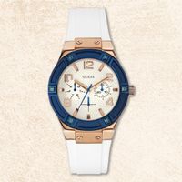GUESS „Jet Setter“ Damenuhr (W0564L1) – Roségold/Blau/Weiß