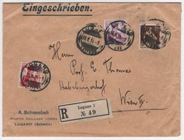 70 Rp. Helvetia m.S. in MiF auf Chargé von LUGANO nach WIEN