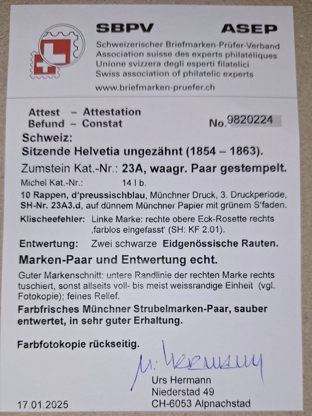 Alle Briefmarken: Strubel 23A3.d im Paar mit Attest – Gebraucht aus Balgach von SIMEON27 2