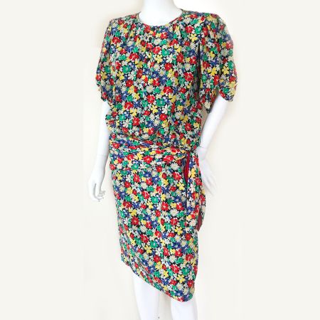 Kleid Seide Gr. S Blumendruck bunt ESCADA Designer 1980s