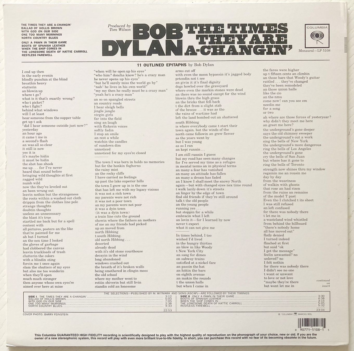 Dischi in vinile: BOB DYLAN - THE TIMES THEY ARE A-CHANGIN' – Usato da Bottens venduto da hotter-than-hell 1